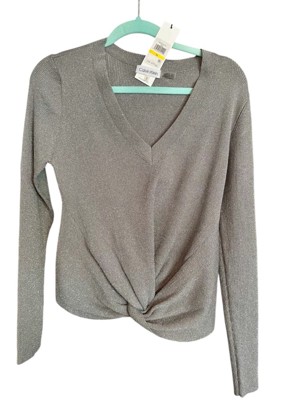 Calvin Klein Silver Knit V-Neck Twist Front Sweater Women’s Size M